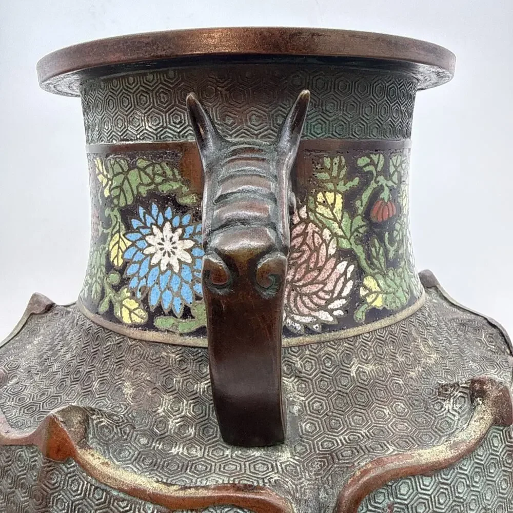 17.5” Antique Japanese Bronze Champleve Cloisonné Enamel Vase Dragon Handles ⬇️